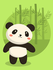 A little cute panda bear cartoon standing in green bamboo background.