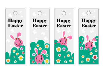 vector set of Easter bookmark. Happy Easter, pink rabbit.