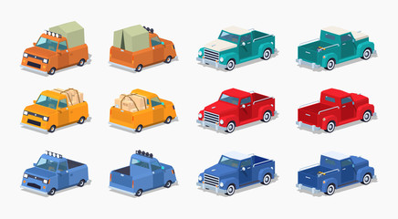 Collection of the pickups. 3D lowpoly isometric vector illustration. The set of objects isolated against the white background and shown from two sides