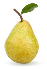 ripe tasty yellow pear with leaf isolated on white