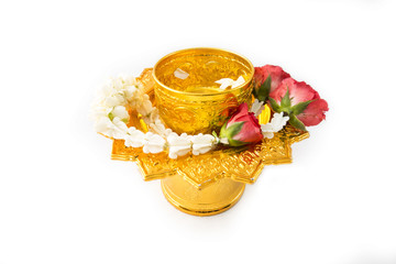 Garland Thai on Gold Pedestal  red rose Gardenia and Crown Flower