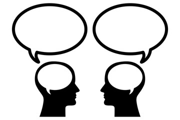 Zwei menschliche Gesichter von der Seite mit Gehirn-Sprechblasen im Gespräch – schwarz-weiß, Vektor, freigestellt 
