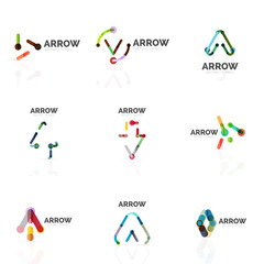 Set of linear arrow abstract logos, connected multicolored segments lines in directional pointer figures