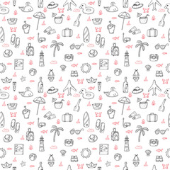 Cute hand drawn summer theme seamless pattern. Beach theme backg