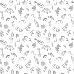 Hand drawn camping and hiking seamless pattern. Picnic, hiking,