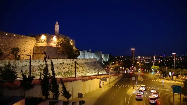 Night traffic near Tower of David on Jaffa street in Jerusalem, Israel