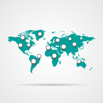 Blue map of the world with shadow on a gray background