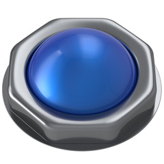 Push button blue start turn on off action activate ignition power switch design element metallic cyan shiny blank. 3d render isolated