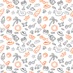 Hand drawn seamless summer pattern with beach icons. Sketch back