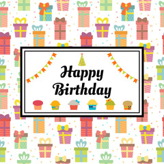 Happy Birthday greeting card with gift boxes and cupcakes. Cute