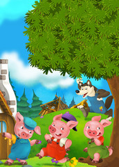 Cartoon scene of two running pigs to the house of their brother - illustration for children