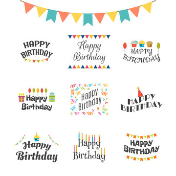 Happy Birthday greeting cards. Birthday theme labels. Typography