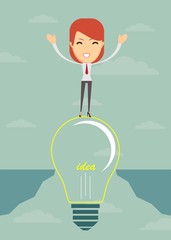 Businesswoman on a bulb cross an abyss. Vector