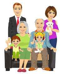 cheerful family at home sitting on sofa