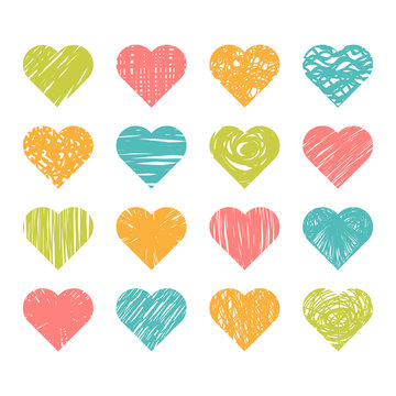 Set of hand drawn colored hearts on white background