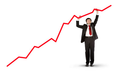 positive result chart with businessman holding arrow isolated on white