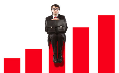 positive histogram chart with nerd businessman jump and sit isolated on white