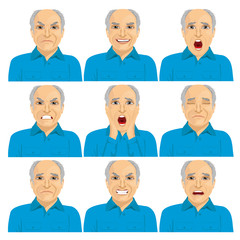 collection of senior adult bald man making six different face expressions 