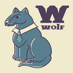 cartoon doodle wolf with letter w. part of animals alphabet.