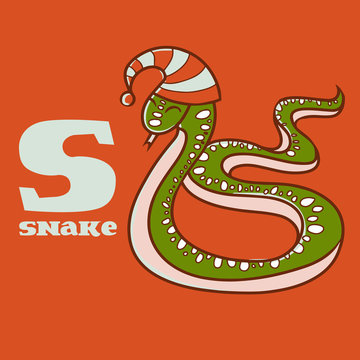 cartoon doodle snake with letter s. part of animal alphabet.