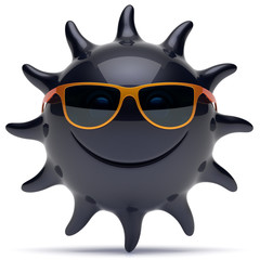 Smile sun black star face sunglasses cheerful summer smiley cartoon ball emoticon happy sunny heat joke person icon. Smiling laughing character holiday chilling sunbathing tropics avatar. 3D render