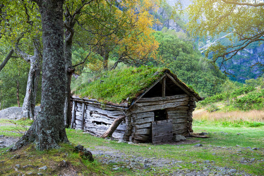 Old wooden house on the way to Briksdalsbreen, Norway