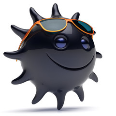 Black star face smiley sun sunglasses cheerful summer smile cartoon ball emoticon happy sunny joke negative person icon. Smiling laughing character holiday chilling sunbathing ebony avatar. 3D render