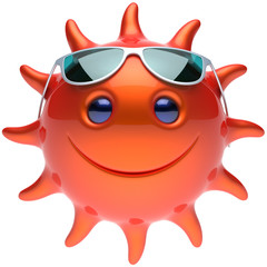 Summer sun smiley face sunglasses cheerful smile cartoon star ball emoticon happy sunny heat red orange person icon. Smiley laughing character holiday chilling sunbathing tropical avatar. 3D render