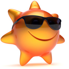 Sun star smiley face sunglasses cheerful summer smile cartoon ball emoticon happy sunny heat orange yellow person icon. Smiling laughing character holiday chilling sunbathing sunbeam avatar. 3D render