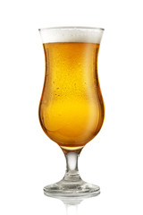 Close up of glass of beer isolated on white background