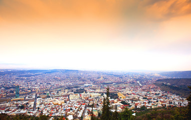 Beautiful panoramic view of Tbilisi at sunset