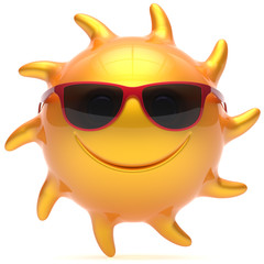Smile sun star face sunglasses cheerful summer smile cartoon ball emoticon happy fiery yellow sunny heat icon. Smiling laughing character vacation holiday chilling sunbathing tropic avatar. 3D render