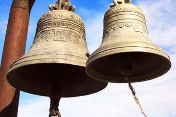 Fototapeta premium Two bells in Narikala fortress - ancient place in Tbilisi, capit