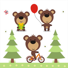 Cartoon bear set. Funny little bear with gift, balloon and on bicycle. Collection isolated bear on white bacground.