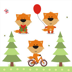 Cartoon fox set. Funny fox with gift, balloon and on bicycle. Collection isolated fox on white bacground.