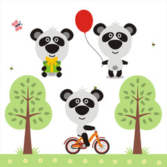 Cartoon panda set. Funny panda bear with gift, balloon and on bicycle. Collection isolated panda on white bacground.