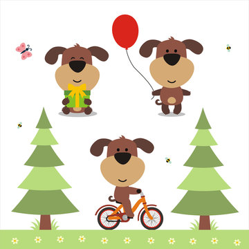 Cartoon puppy set. Funny puppy with gift, balloon and on bicycle. Collection isolated puppy on white bacground.