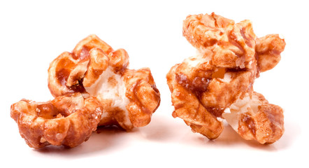 macro shot of popcorn on white background
