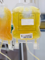 Packages with plasma. On the package contains blood group and Rh factor