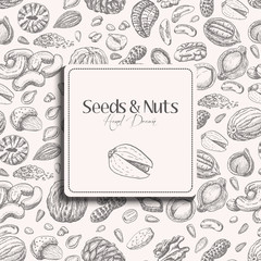 Seamless pattern with seeds and nuts on a white background