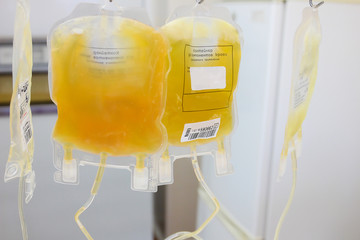 Packages with plasma. On the package contains blood group and Rh factor