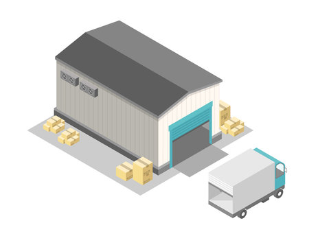 Vector illustration of isometric warehouse with truck and cardboard boxes. layered EPS10 file.