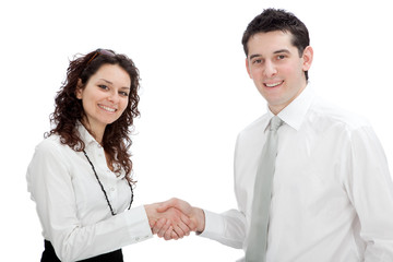 beautiful business couple handshake at work isolated on white