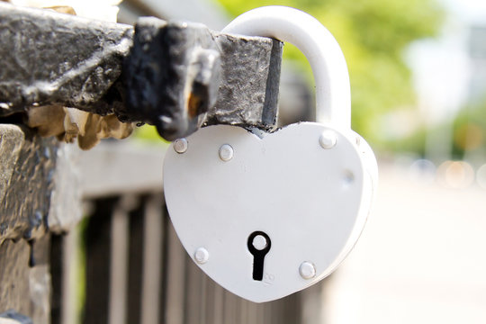 Love padlock or love lock on a railing in Moscow, Russia