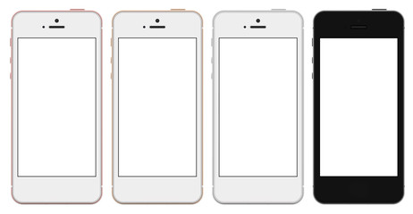Set of four smartphones gold, rose, silver and black with blank screen. Real camera, high resolution. Template, mockup. - obrazy, fototapety, plakaty