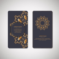 Set of two ornamental gold cards, flyers with flower oriental mandala on dark blue background. Ethnic vintage pattern. Indian, asian, arabic, islamic, ottoman motif. Vector illustration.