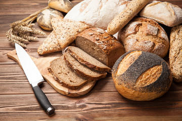 Bread assortment on wooden surface