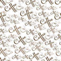 Seamless pattern. Seamless background with the words coffee and cups. 