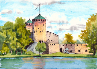 Watercolor painting of Olavinlinna fortress (Medieval castle) in Savonlinna center, Finland.