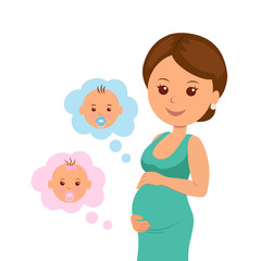 Cute pregnant woman dreaming about her future children. Concept design of the isolated character of women think a boy or girl. The joy of motherhood and caring for a new life.
